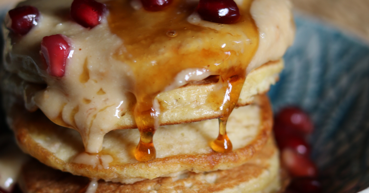 Banana pancakes with a macadamia drizzle
